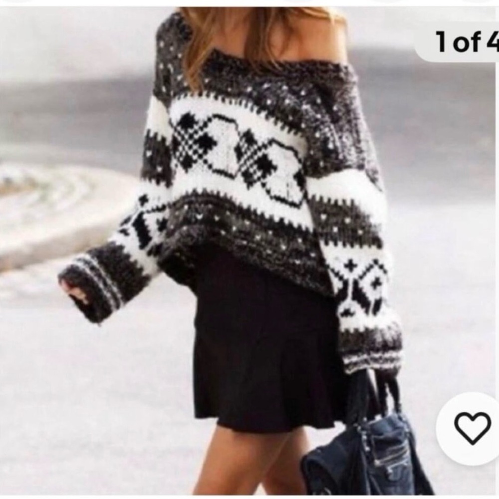 Free People Chunky Fair Isle Cropped Sweater Black Ivory Boho Cozy Knit Size M